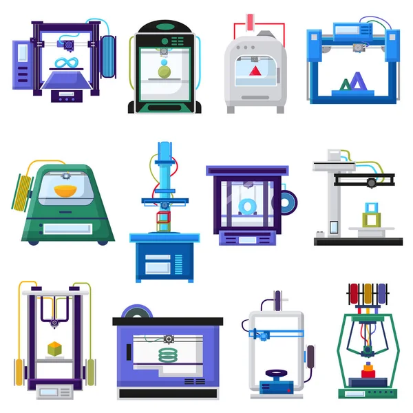 3D-skrivare och layout snabb prototyp vektor illustration. Process för 3D-utskrift, modellering och skanning av objekt. Tryck i laboratorium, plast teknik konstruktion av framtida medicin koncept — Stock vektor