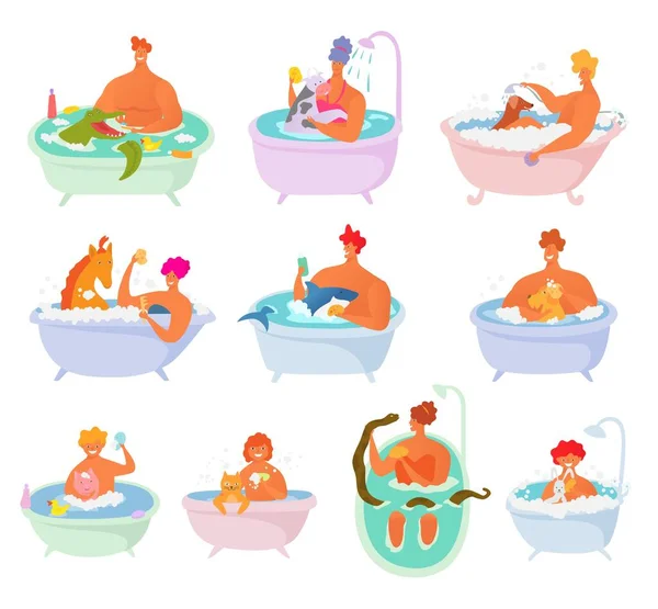 Happy people in bath with domestic animals or pets - dog, cat, rabbit and other taking bath vector illustration. - Stok Vektor