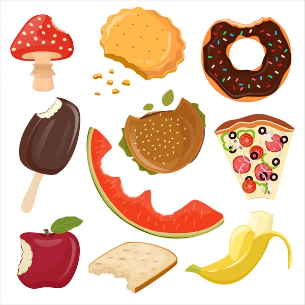 Diferente ilustración vectorial de alimentos mordidos. Helado de comida dulce, galletas, rosquillas. Frutas plátano, manzana y sandía — Vector de stock
