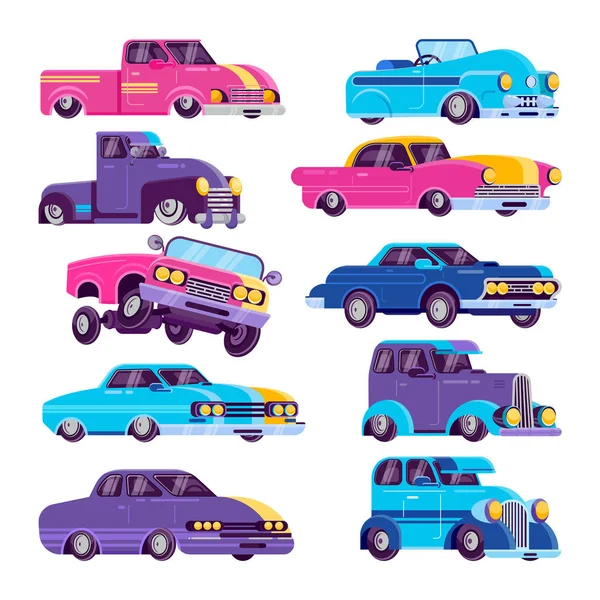 Lowrider auto retro auto vettoriale illustrazione. Set di automobili colorate veicolo isolato su sfondo bianco.. Design piatto di macchine classiche lowrider — Vettoriale Stock