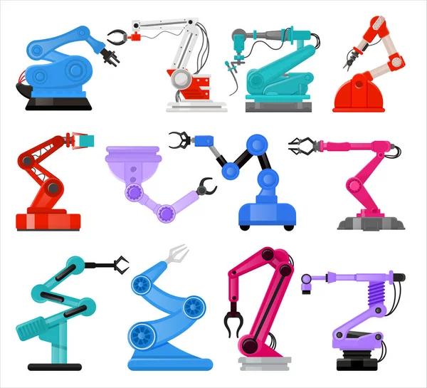 Robotmanipulatorer i platt stil. Automatiska robothänder eller industriella robotarmar isolerade på vit bakgrund. Vektorillustration. Fabrikens robothänder — Stock vektor