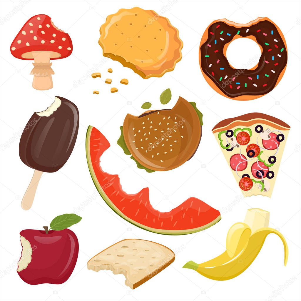Different bitten food vector illustration. Sweet food ice cream, cookie, doughnut. Fruits banana, apple and watermelon