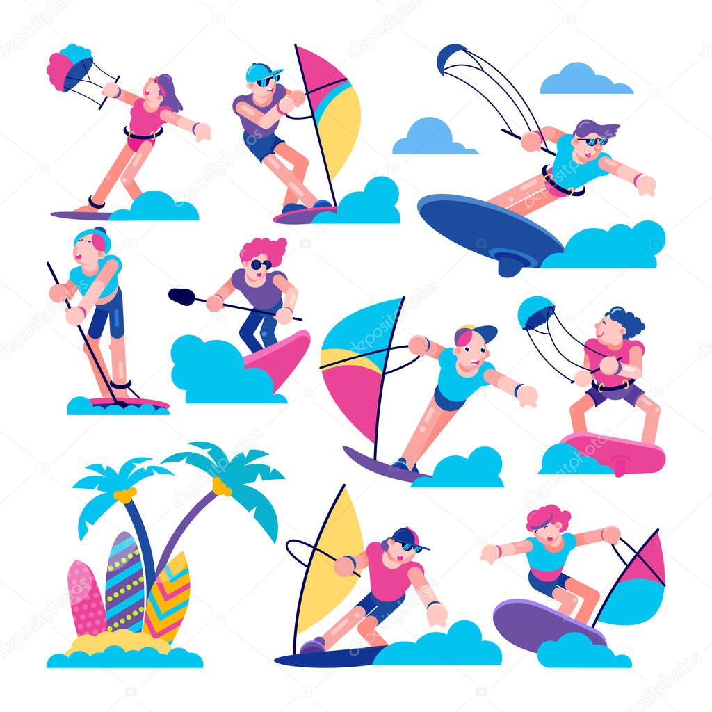 Windsurfers Happy people kitesurfers sailor characters in the sea flat line vector illustration. Kitesurfers and windsurfers surfing,summer vacation, extreme sport experience, surfboards and beach