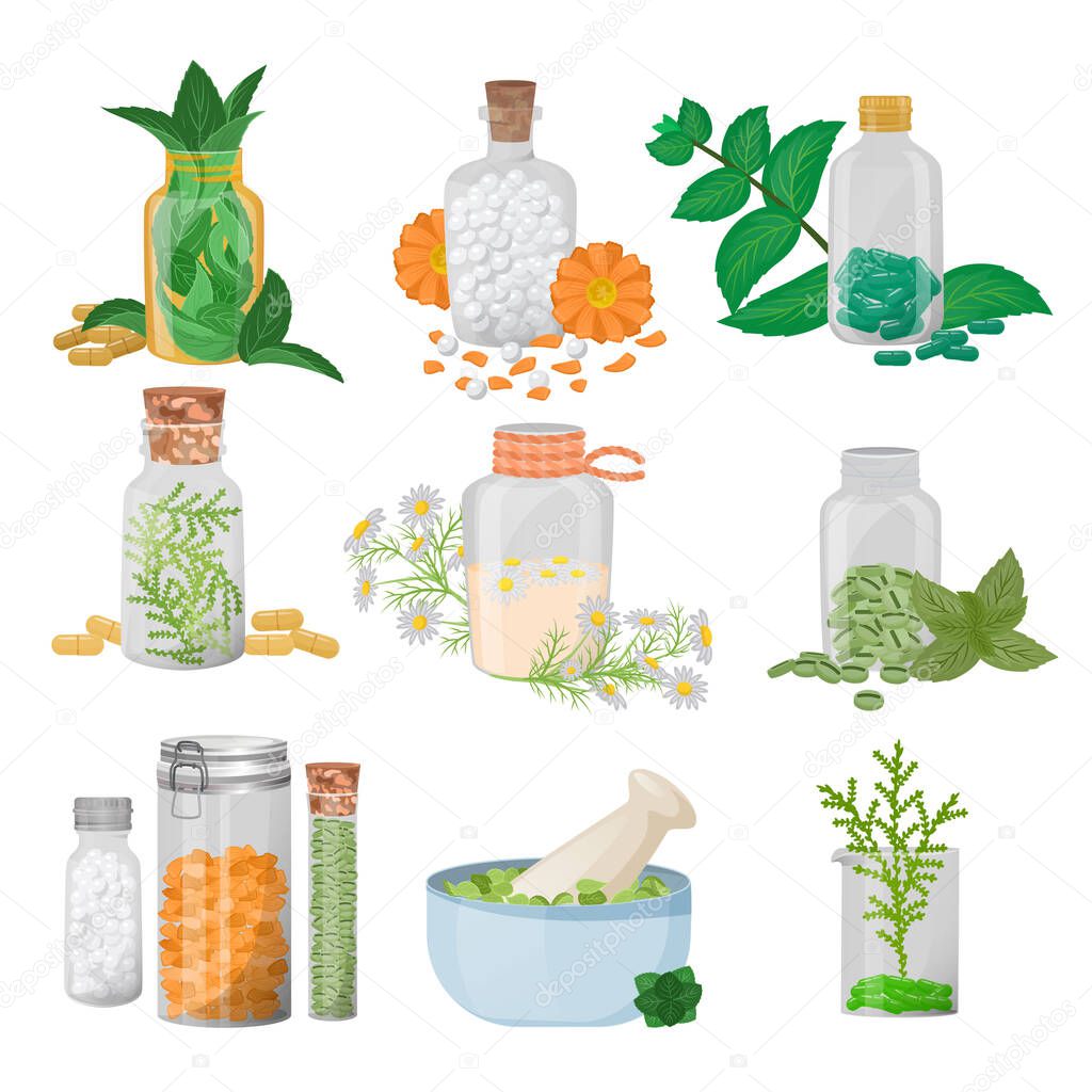 Homeopathic pills in glass jars and illustrations of herbs. Vector of homeopathic pills. Mint, flowers, herbs, chamomile and other natural flowers ingredients for making tablets pills