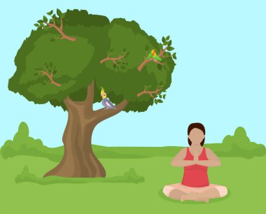 Meditasyon yapan genç bir kadın Lotus Yoga pozisyonunda oturmuş doğa vektörü çizimi yapıyor. Kız açık havada yoga eğitimi alıyor. Sağlıklı yaşam tarzı, sağlık, spor, aktivite.