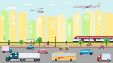 Şehir ulaşımı konsept vektör çizimi. Şehir yolu taşımacılığı trafiği ve insanlar. Arabalar, otobüs, kamyonlar, tren taksisi. Hava taşımacılığı uçağı, helikopter.
