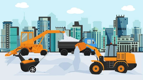 Olika maskiner på vintern ta bort snö vektor illustration. Stora och små hjulförsedda snöslungor, lastbil, tippbil. City byggnader megapolis bakgrund. — Stock vektor