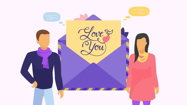 Paar von Menschen Mann, Frau, Umschlag mit Karte und Schriftzug Love You Vektor Illustration. — Stockvektor