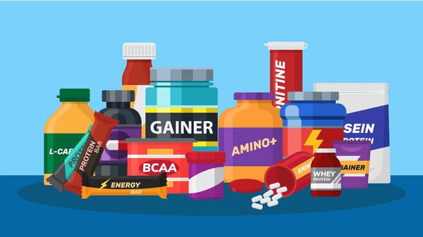 Sport nutrition biologically active additives supplements vector illustration. Jars with sport nutrition pills for athletes bodybuilders. Protein energy bar, gainer.