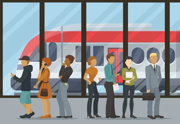 La gente è in coda per l'illustrazione dei vettori dei treni. Persone in attesa di partenza del treno sul binario. Metropolitana o stazione ferroviaria di trasporto passeggeri . — Vettoriale Stock