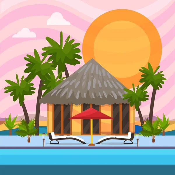 Ilustração de vetor de férias tropical. Casa de bungalow de verão perto da costa costeira da piscina de água. Camas de sol, guarda-chuva, palmeiras. Viagens exóticas turismo lazer . — Vetor de Stock