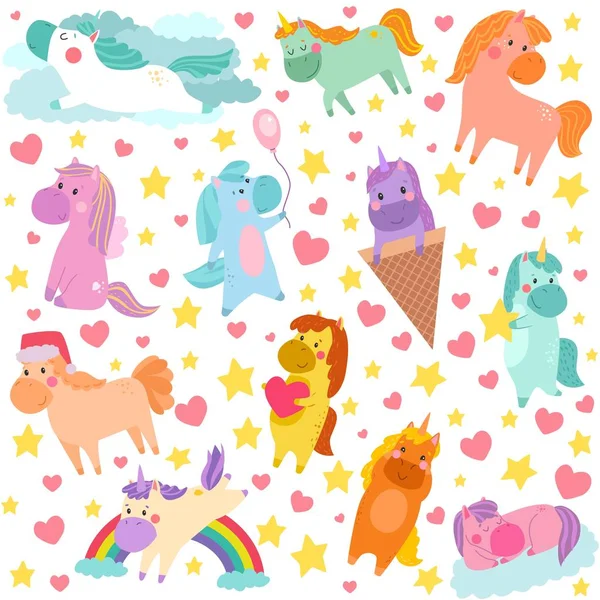 Cartoon pony eenhoorn vector illustratie kinderen patroon. Leuke sprookjesfiguren. Kleine eenhoorns paarden met hoorns set kind meisje meisje collectie geïsoleerd. — Stockvector