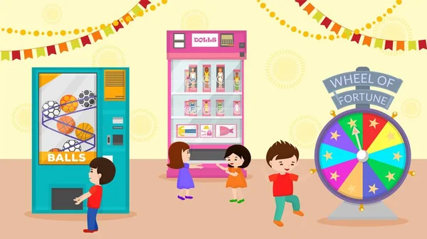 Happy kids in children entertaining amusement fun game center vector illustration. Vending machines selling toys balls dolls. Wheel of fortune children playing attraction. — Stockvektor