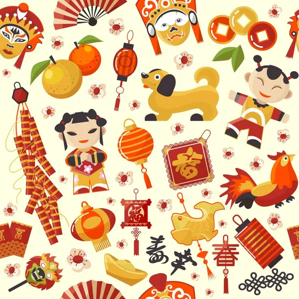 Chine Nouvel An festif motif sans couture collection set illustration vectorielle. Peuple chinois et symboles fleurs de prune, lanternes, mandarines, pétards . — Image vectorielle