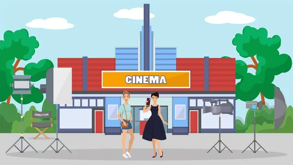 Two girls actress on filming movie set vector illustration. Film shooting, directors chair, camera and lighting equipment. Background of cinema building scenery. — 스톡 벡터
