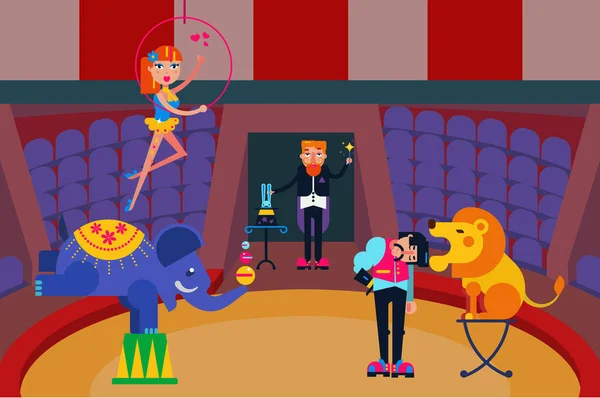 Circus show vector illustration. Circus people artists performers at arena. Trainer with lion, magician with hare, aerialist, clown. Wild animal elephant. — Stockvektor