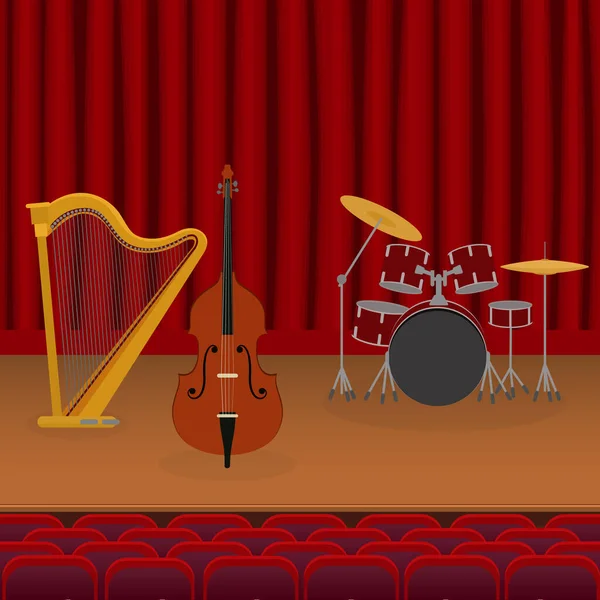 Musical instruments stand on stage for musical concert, ensemble performances with live sound vector illustration. Harp, double bass, drum kit. Empty auditorium. — Stock Vector