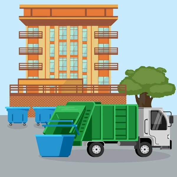 Garbage truck van car dustcart collections trash and dumpsters cans near city dwelling house vector illustration. Waste disposal removal recycling concept. — Stockový vektor
