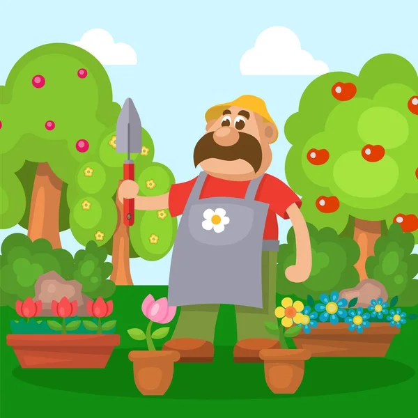 Man met tuingereedschap in zijn hand naast bloeiende bloemen groeien in potten vector illustratie. Cartoon tuinier werken in de tuin met fruit appelbomen. — Stockvector