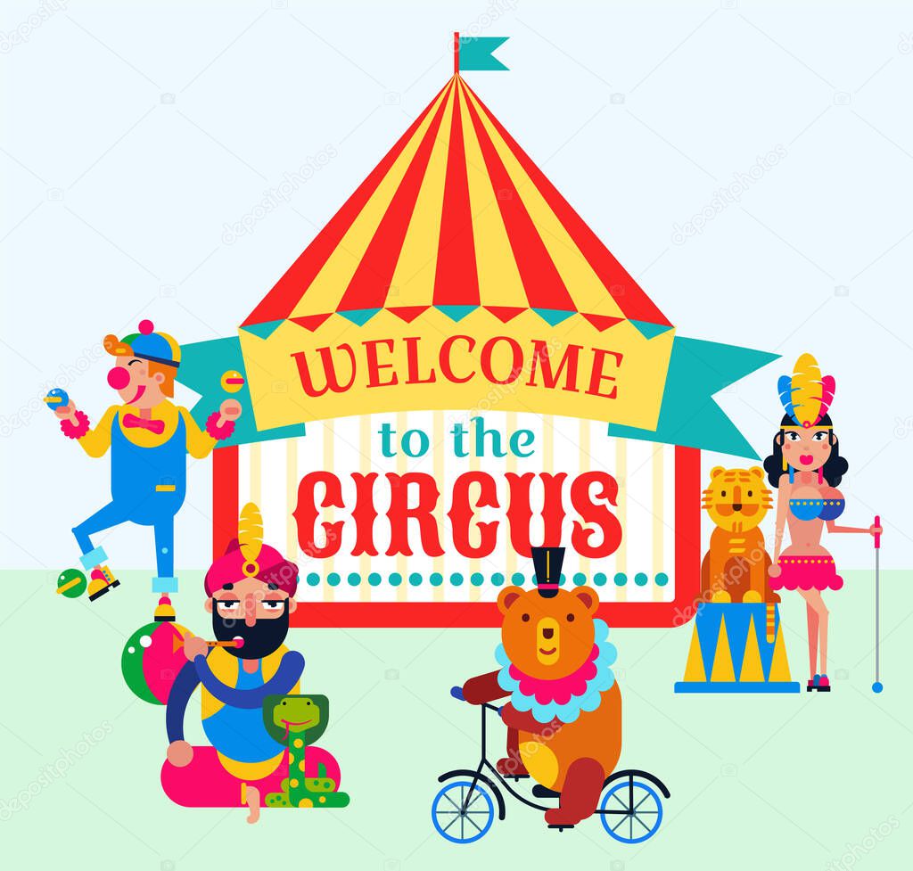 Big top circus and performers vector illustration. Trainer assistant, clown, wild animals bear by bicycle, tiger, snake. Circus show invitation poster, placard.