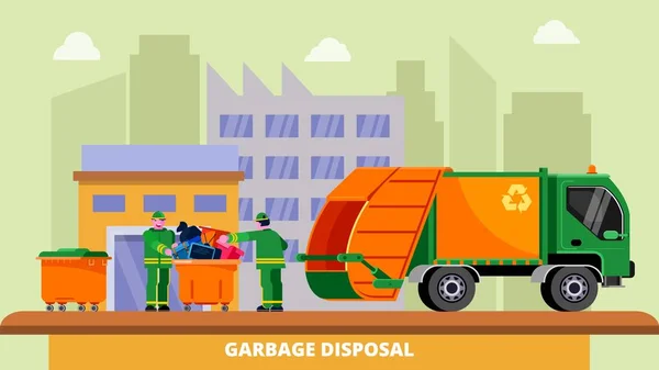 Garbage disposal recycling concept vector illustration. Waste truck removal dustcart, dumpsters and two scavengers janitors people sorting and collecting trash. — ストックベクタ