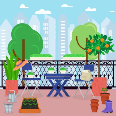 Belediye balkon verandasında mobilya vektör illüstrasyonları var. Ağaçlarla süslenmiş balkon çiçek saksısı. Masa, sandalyeler, lastik botlar, sulama kutusu..