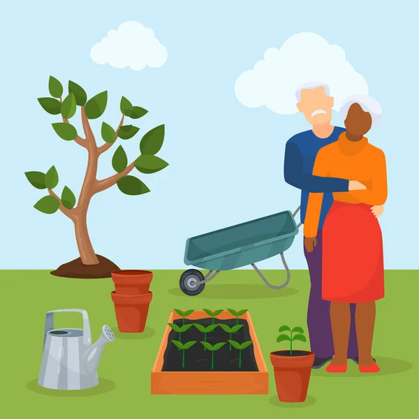 Elderly interracial couple gardeners vector illustration. Senior aged people man woman stand hugging in garden. Planted tree, seedlings, pots, wheelbarrow, watering can. — ストックベクタ