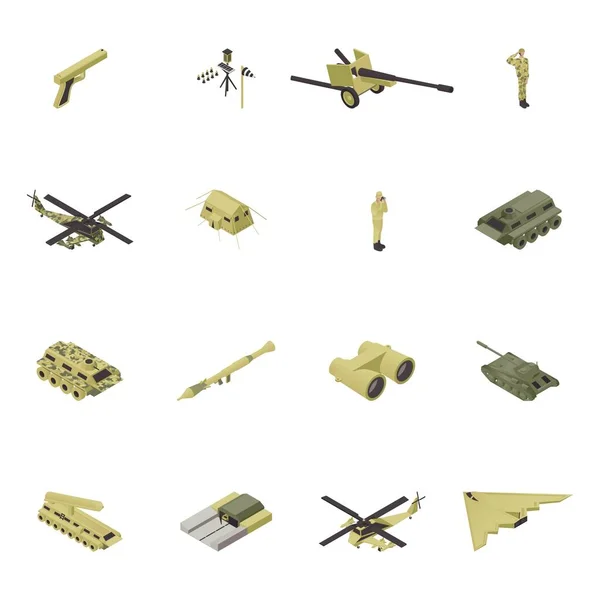 Isometric army vector illustration, military weapon for war, guns design isolated set. Armed camouflage people combat collection, soldier in uniform and object force, vehicle, tank. helicopter, ship — Stockvektor