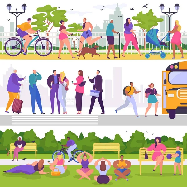 Városiak séta park vagy utca és park vektor illusztrációk, nő férfi karakterek szabadtéri tevékenység — Stock Vector