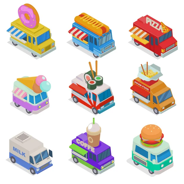 Isometric food truck vector illustration, street truck in market, trucking food 3d isolated icon set on white background — Stockový vektor