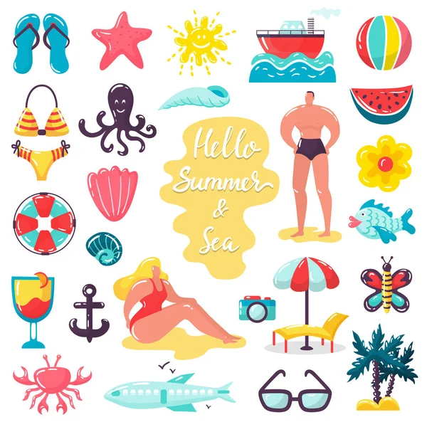 Verano playa mar vacaciones vector ilustraciones, personas en vacaciones de verano iconos aislados conjunto — Vector de stock