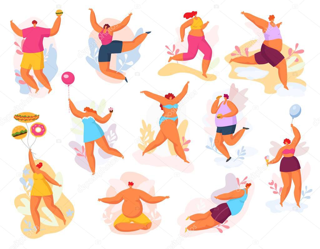 Plus size happy dancing people vector illustration set, fat man woman in dance, body positive concept