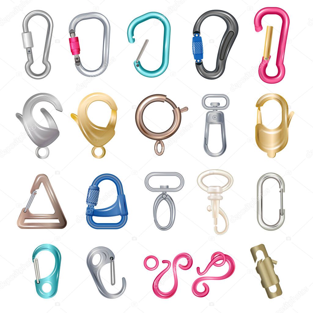 Carabiner clasps vector illustrations metal colored hooks, clips, snap and claws icon set isolated on white background