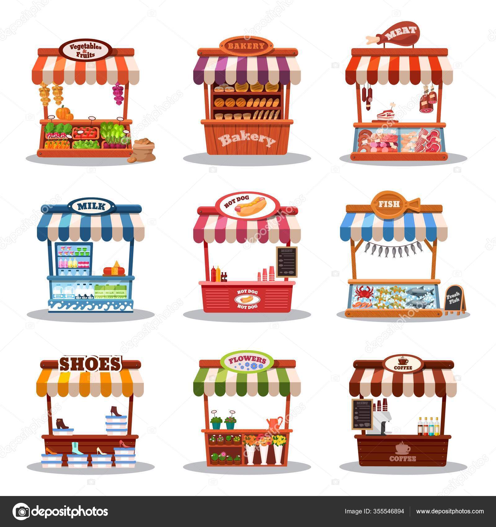 Stall street market vector illustration. Food market kiosk with fastfood, stand and marketplace set Stock Vector Image by © #355546894 Stall street market vector illustration. Food market kiosk with fastfood, stand and marketplace set Stock Vector Image by © #355546894