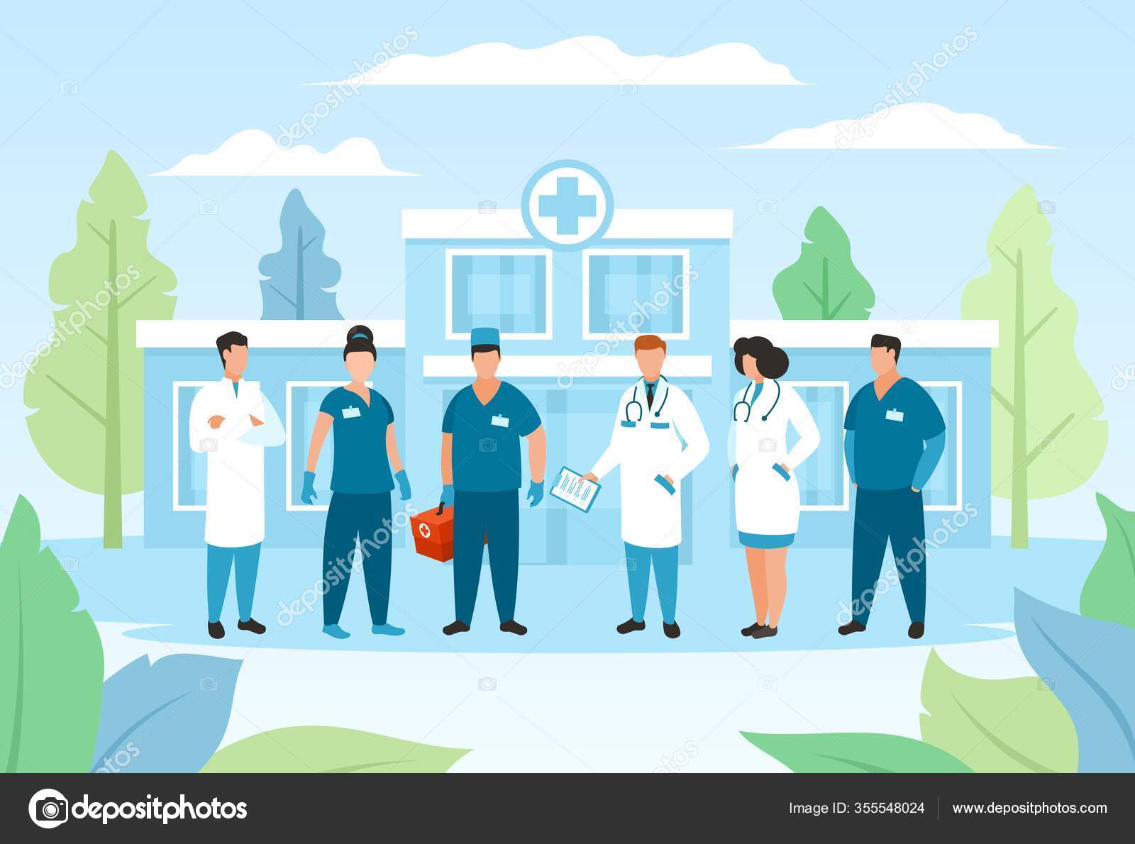 Equipa de médicos e enfermeiros. Pessoal médico dos desenhos