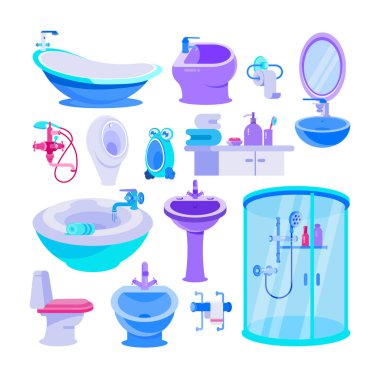 Banyo vektör çizimi seti, klozet, küvet, hijyen için tuvalet malzemesi.