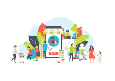 Çevrimiçi eczane tıp vektör illüstrasyonu. Uyuşturucu alıp satmak için tıbbi servis, çevrimiçi eczane konsepti