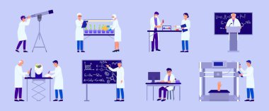 Laboratuvar araştırma vektör illüstrasyonunda bilim laboratuarında deney yapan bilim adamı ve karikatür insanları izole edilmiş set.