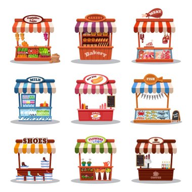 Sokak market vektör illüstrasyonunu oyala. Fast food, stand ve pazar yeri belirlenmiş gıda pazarı büfesi