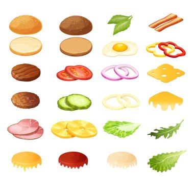 Isometric burger sandviç yapıcı vektör illüstrasyonu, beyaz üzerine izole edilmiş hamburger simgesi için 3D karikatür menüsü bileşenleri
