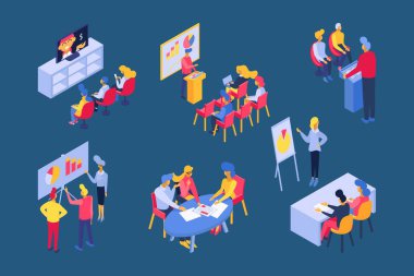 Isometric işletme eğitim vektör illüstrasyonu, danışmanlık konferansı veya seminer işadamı, takım toplantısı