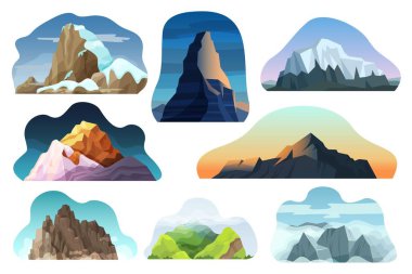 Mountain hill landscape vector illustration set, cartoon different nature high rock, peak with clouds icons isolated on white vector Mountain hill landscape vector illustration set, cartoon different nature high rock, peak with clouds icons isolated on white vector