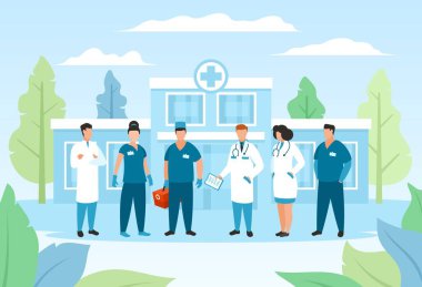 Hastanedeki doktor grubu, sağlık vektör illüstrasyonu, üniformalı karikatür kadrosu tıbbi karakter, ekip hekimleri.