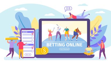 Online bahis, bahisler spor afişleri küçük insanlar çizgi film vektör illüstrasyonu.