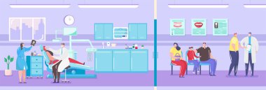 Diş hekimliği bürosu, diş hekimi ve hasta ile birlikte. Ve ilaç tedavisi için vektör illüstrasyonunu bekleyen hastalar kuyruğa girsin..