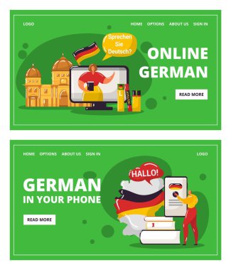 Almanca öğrenmek öğretmenle çevrimiçi, telefon vektör illüstrasyonunda eğitim.