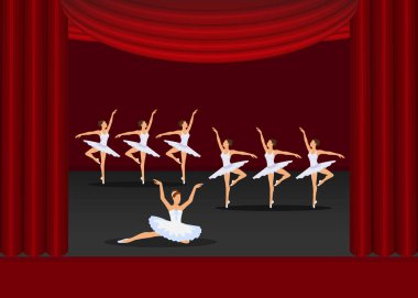 Ballet show dancing girls artists on red curtains stage vector illustration. clipart