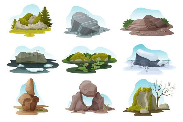 Pedra de rocha e pedra vetorial isolado conjunto de ilustrações, pilha de desenhos animados de pedras em todas as estações da natureza —  Vetores de Stock