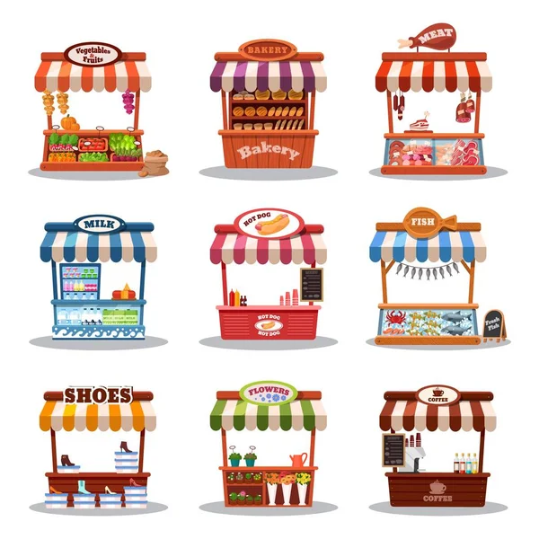 Stall rua mercado vetor ilustração. Quiosque de mercado de alimentos com fast food, stand e market place set — Vetor de Stock