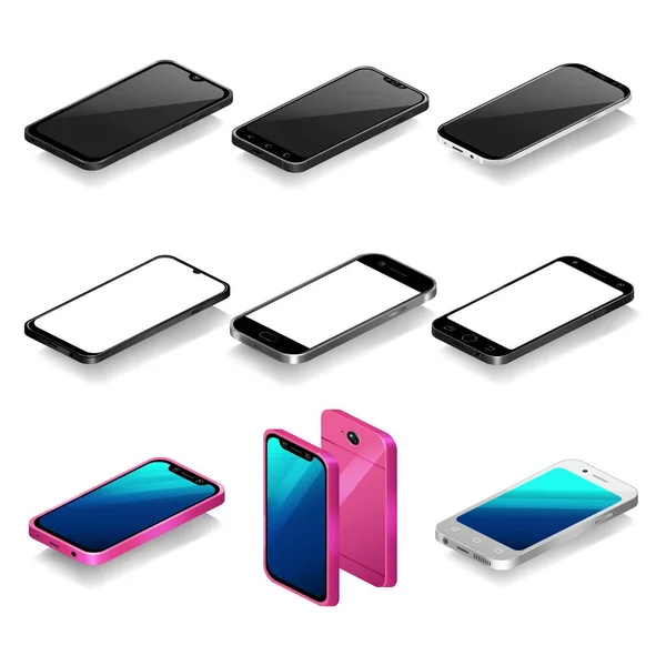 Isometrisk smarttelefon-mockup-illustrasjonssett, 3d mobiltelefoner i perspektivvisningsmal – stockvektor